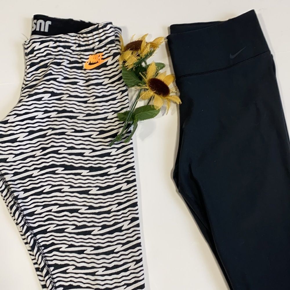 Bundle Of 2 Nike Leggings 7/8 & Ankle Length Black Solid & Zebra Animal Print M